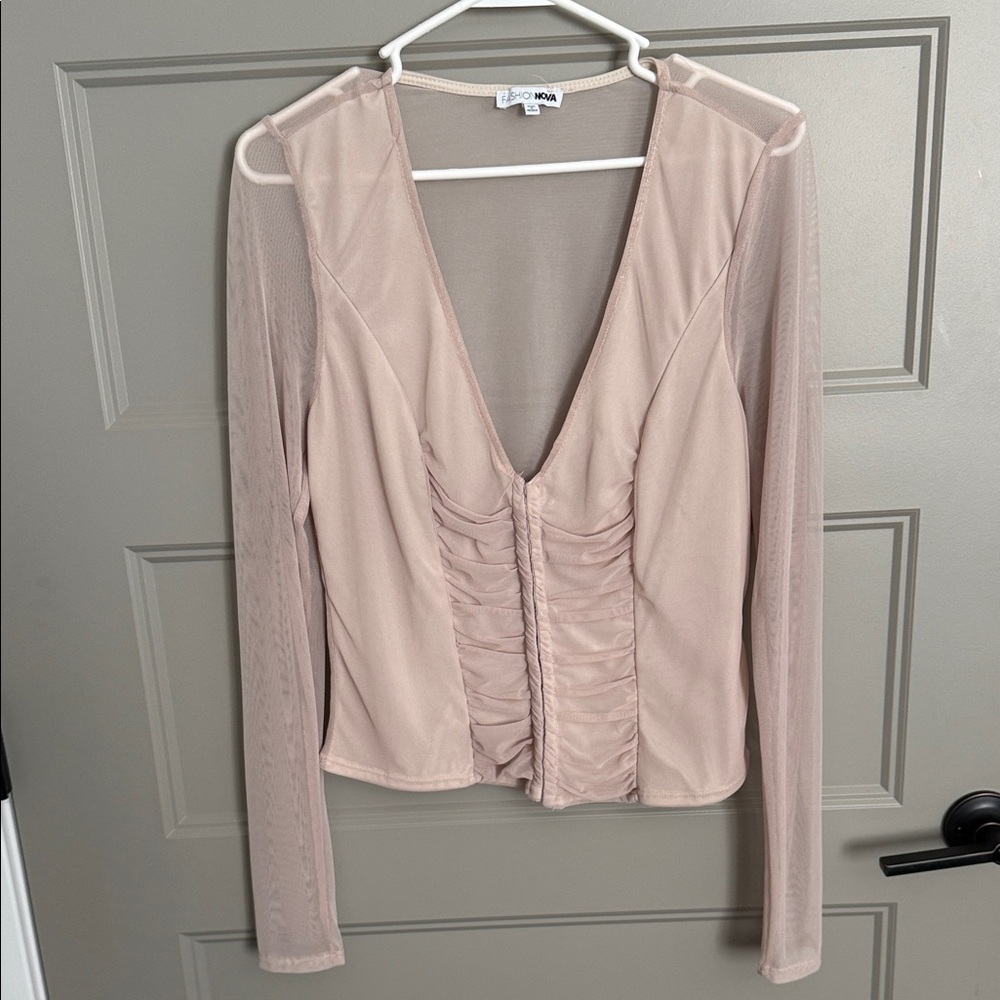 Fashion Nova Mesh V-Neck Ruched Blouse